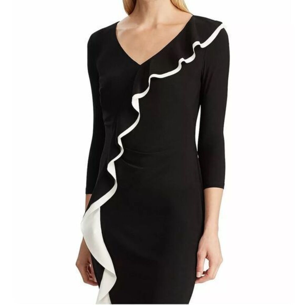 Lauren Ralph Lauren Black White Ruffle-Trimmed Knit Dress 2‎ Office Corprcore